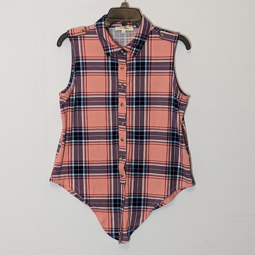 WOMEN'S "Wishful Park" Pink Plaid Sleeveless Flannel, Tie-At-Waist Top; Size M